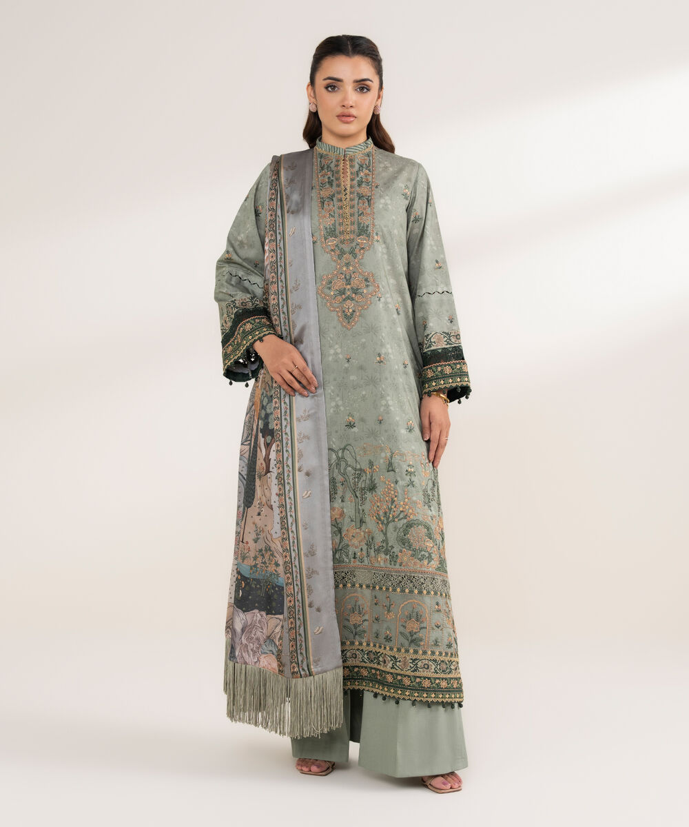 Women's Unstitched Cotton Embroidered Grey 3 Piece Suit