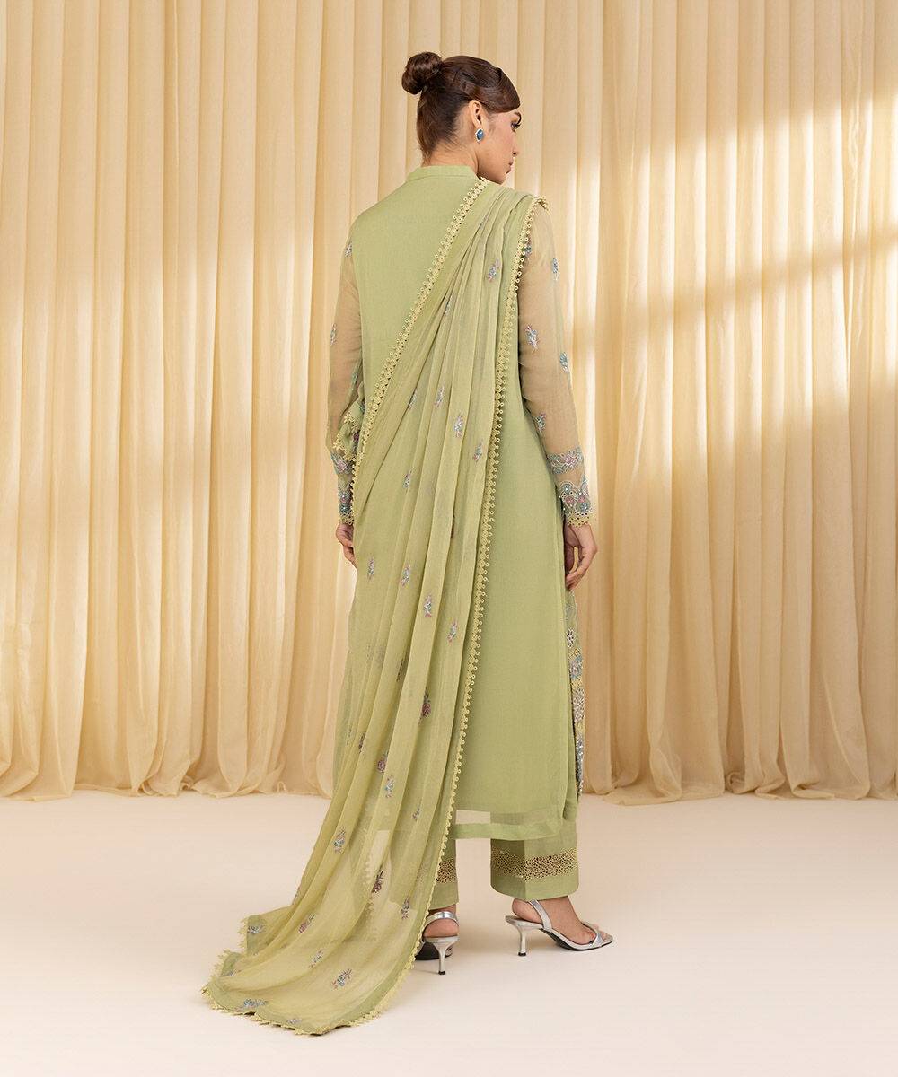 Unstitched Women's Green Blended Chiffon 3 Piece Suit