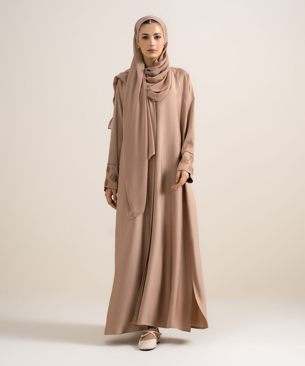 Women's Rose Brown Embellished Abaya Set