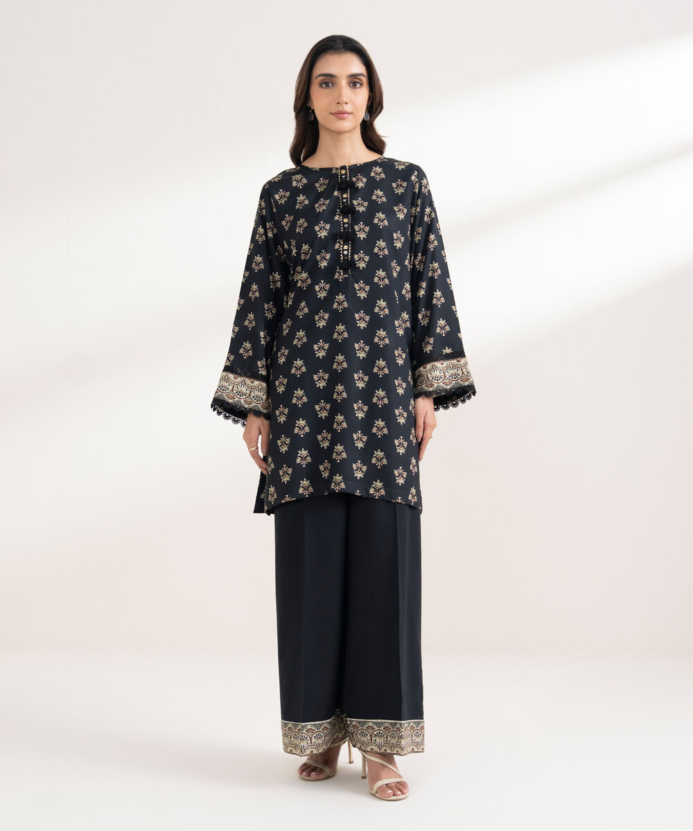 Women's RTW Viscose Linen Printed Boxy Black Shirt
