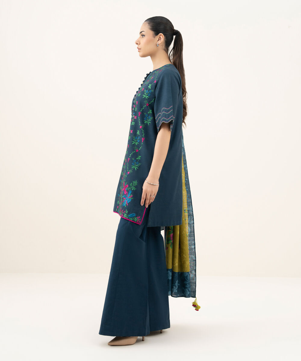 Women's Unstitched Embroidered Khaddar Teal Blue 3 Piece Suit