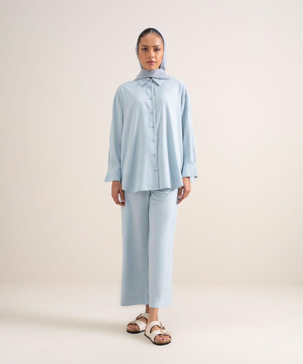 Women's Sky Blue Viscose Button Down