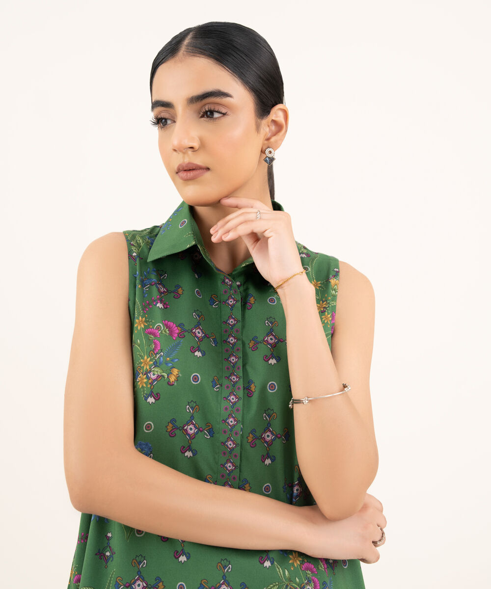 Women's Unstitched Cotton Printed Green 2 Piece Suit