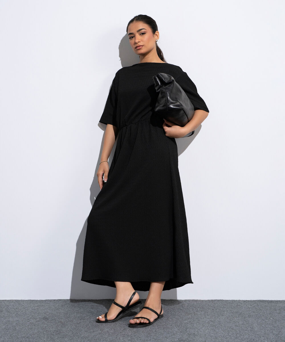 Women's Black Midi Dress In Textured Fabric