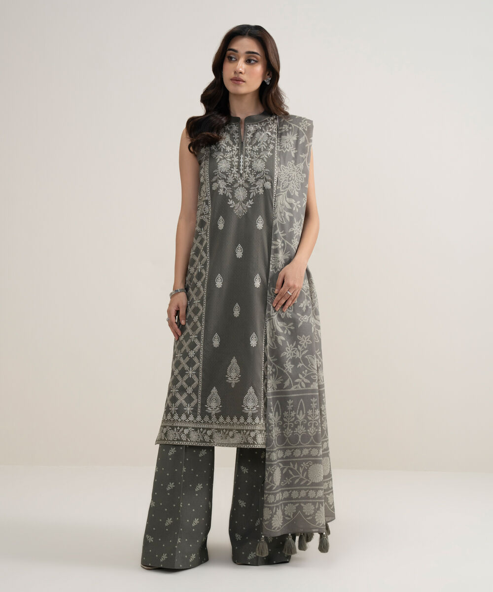 Women's Unstitched Dobby Embroidered Grey 3 Piece Suit