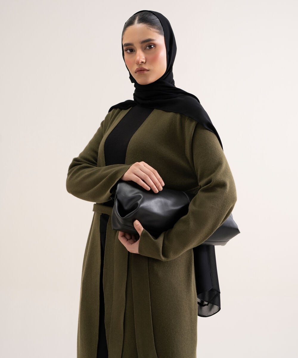 Women's Olive Green Solid Sweater-Knit Abaya Set