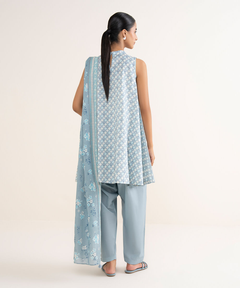 Women's Unstitched Lawn Printed Blue 3 Piece Suit