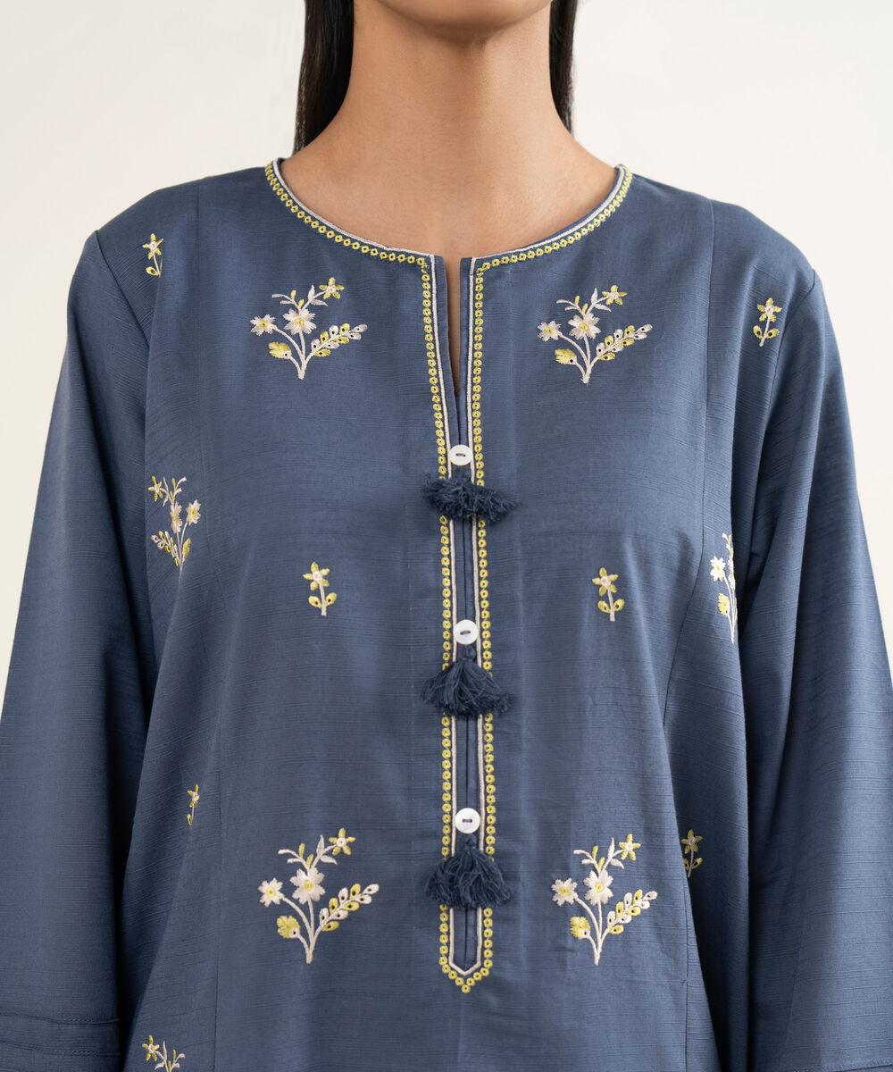 Women's RTW Light Khaddar Embroidered Blue A-Line Shirt