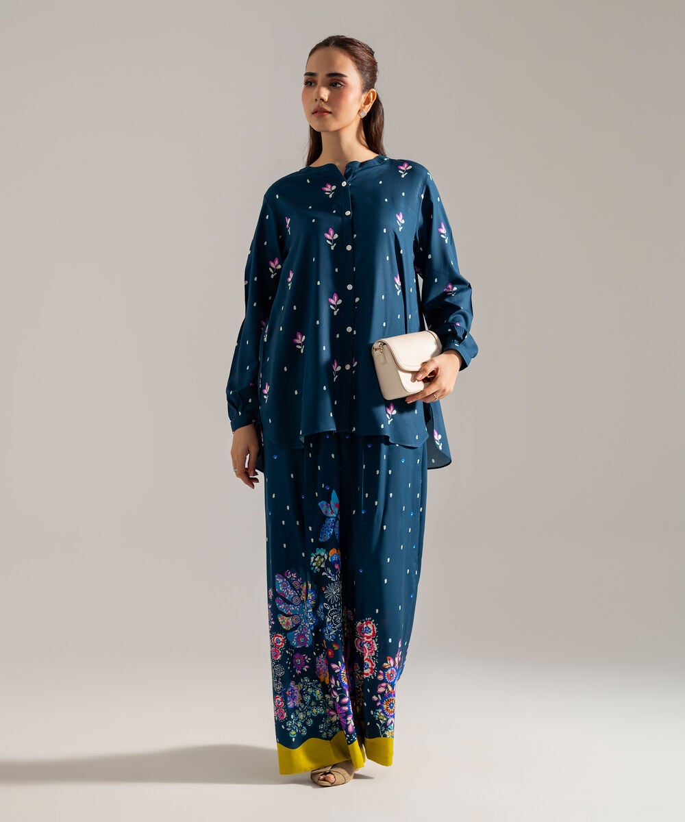 Women's RTW Printed Blue Viscose Linen 2 Piece Suit