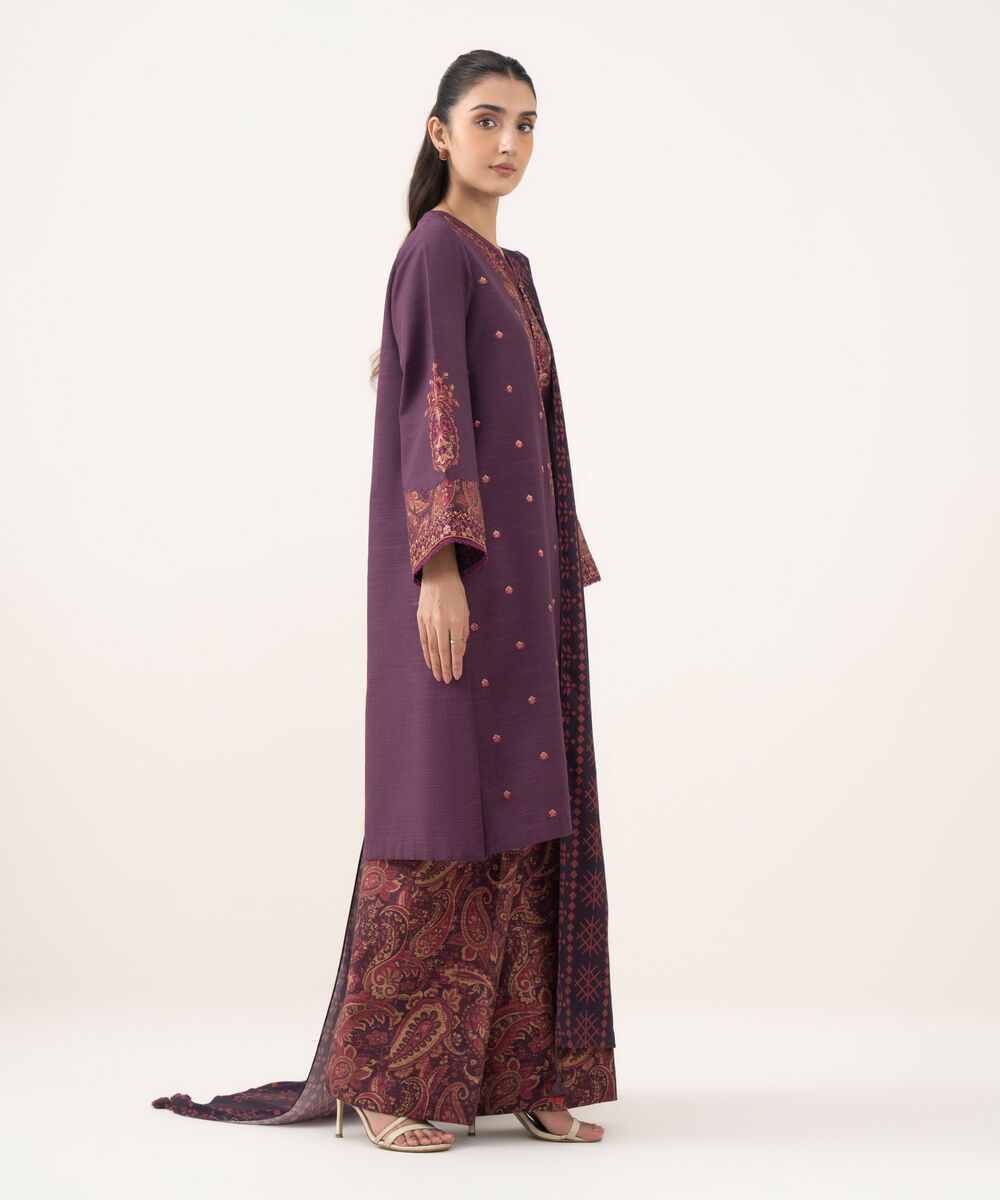 Women's Unstitched Light Khaddar Embroidered Purple 3 Piece Suit