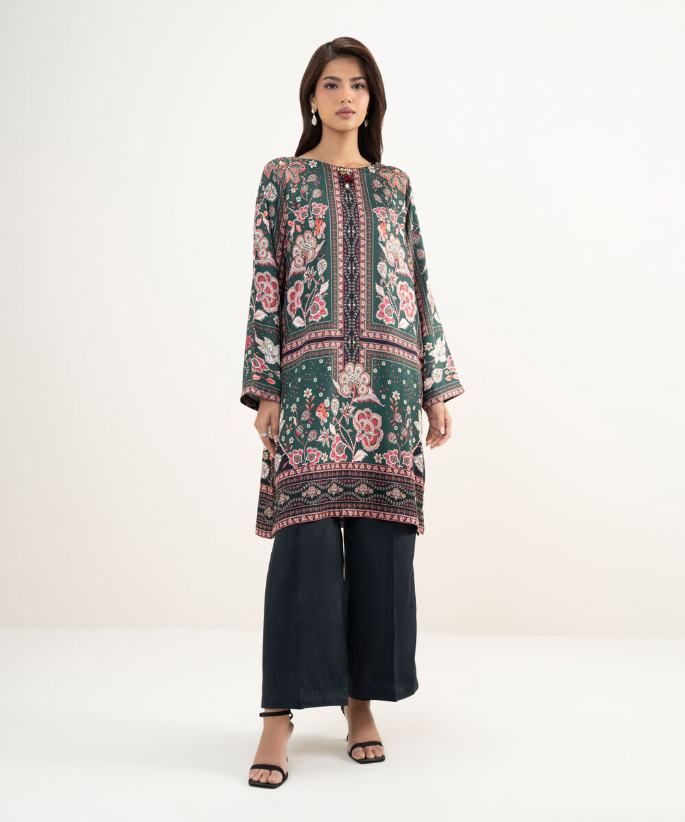 Women's RTW Premium Visocose Satin Printed Dark Green 2 Piece Suit