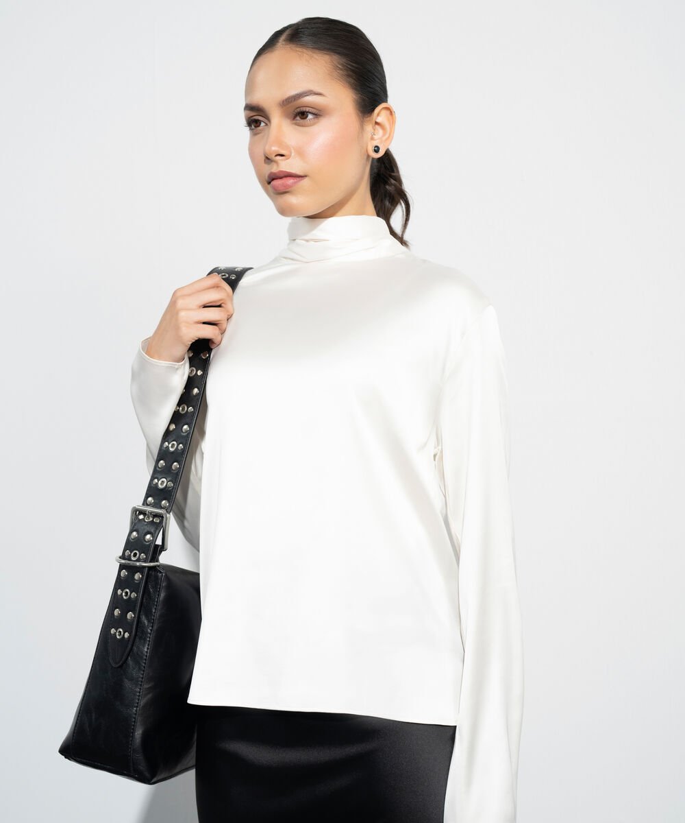 Women's Western Cream Satin Blouse With Back Tie Detail