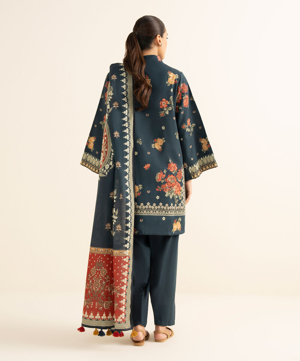 Women's Unstitched Light Khaddar Printed Blue 3 Piece Suit
