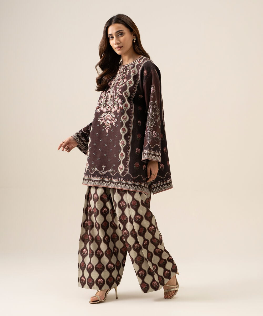 Women's Unstitched Light Khaddar Printed Burgundy 2 Piece Suit
