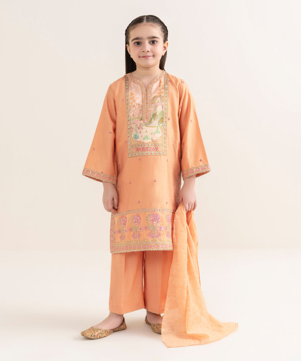 Girl's Silk Cotton Net Embroidered Orange Three Piece Suit