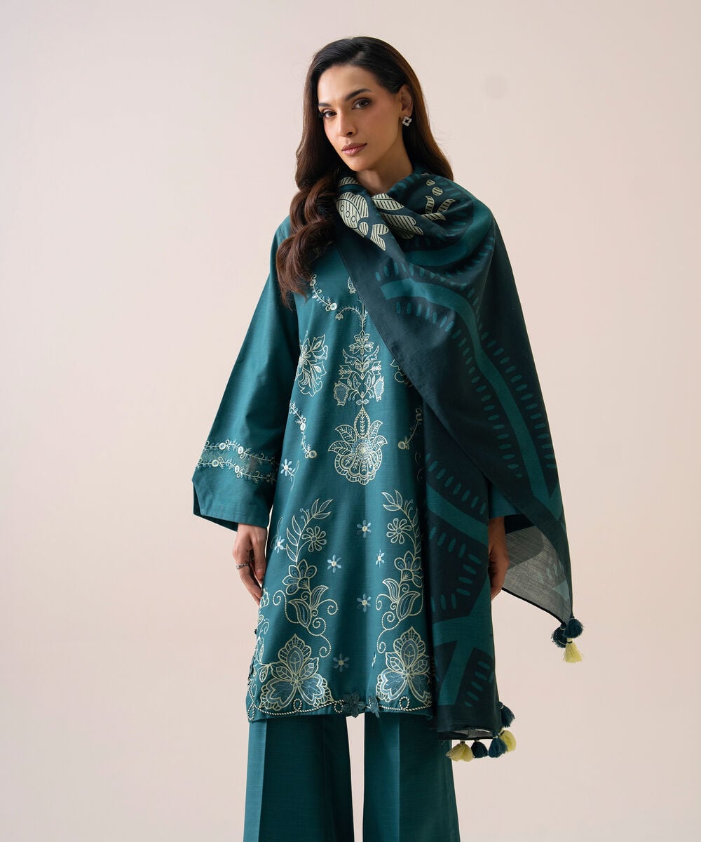 Women's Unstitched Light Khaddar Embroidered Teal 3 Piece Suit