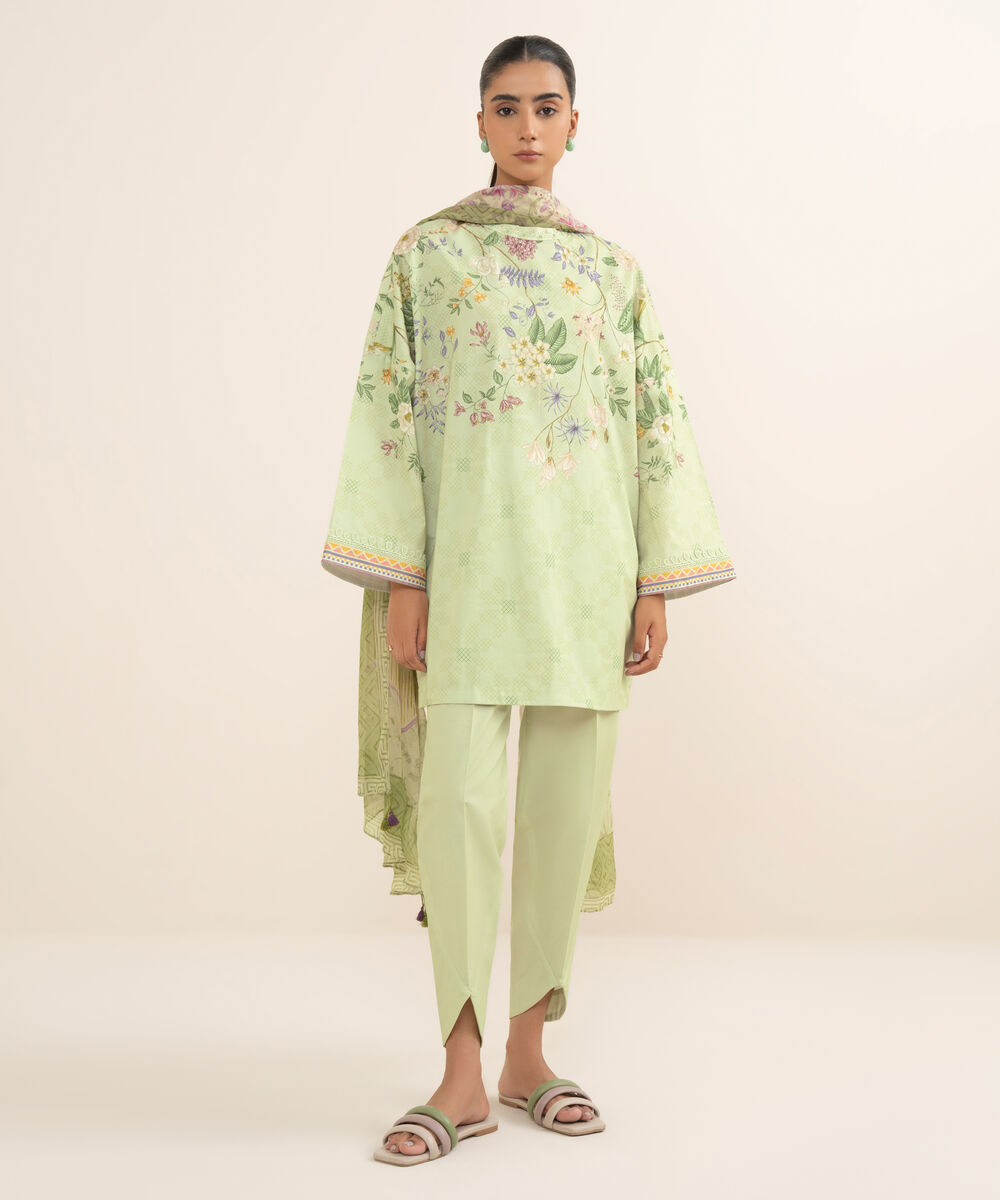 Women's Unstitched Lawn Printed Green 3 Piece Suit