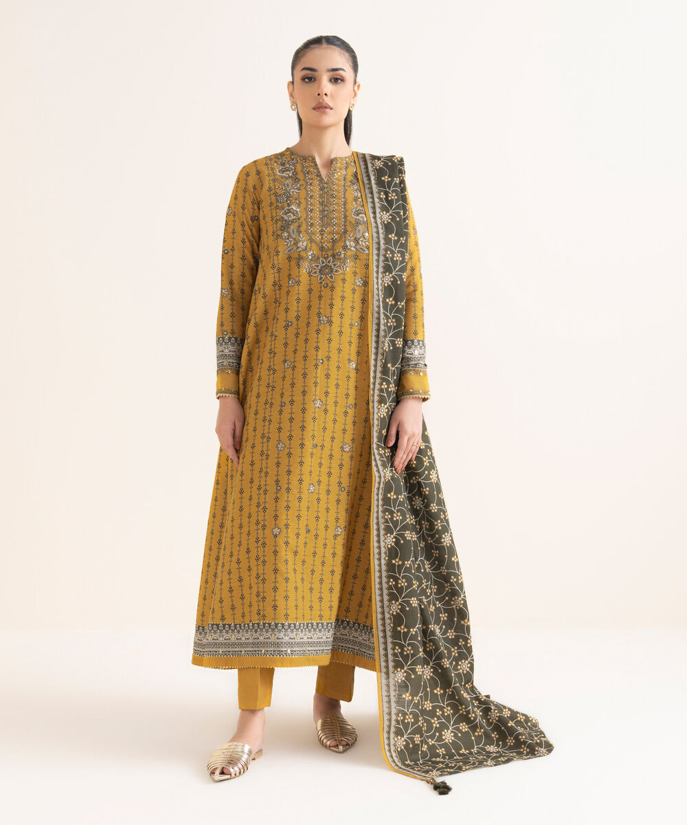 Women's Unstitched Embroidered Khaddar Yellow 3 Piece Suit