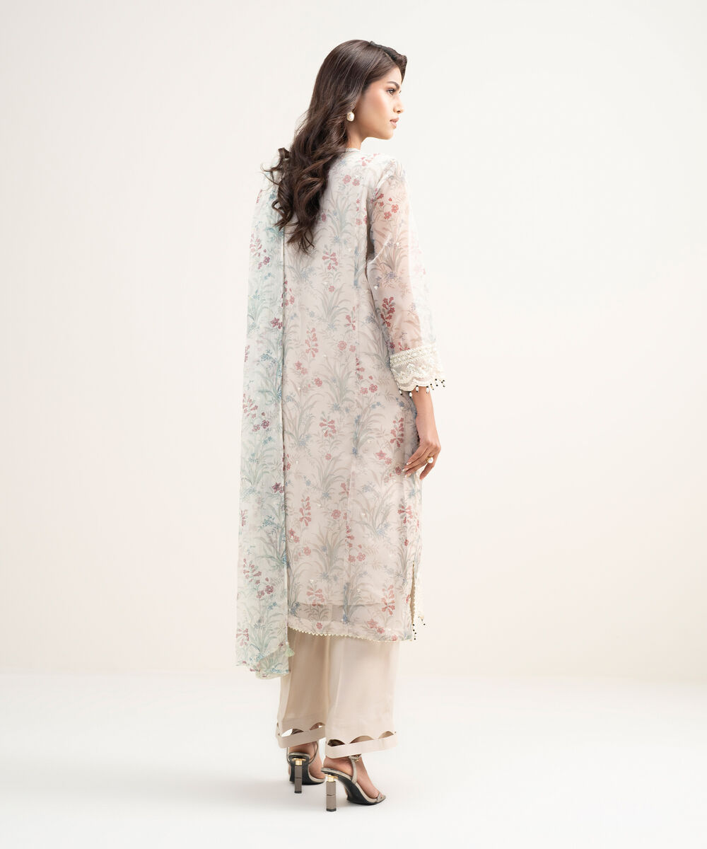 Women's RTW Blended Organza Embroidered Beige 3 Piece Suit