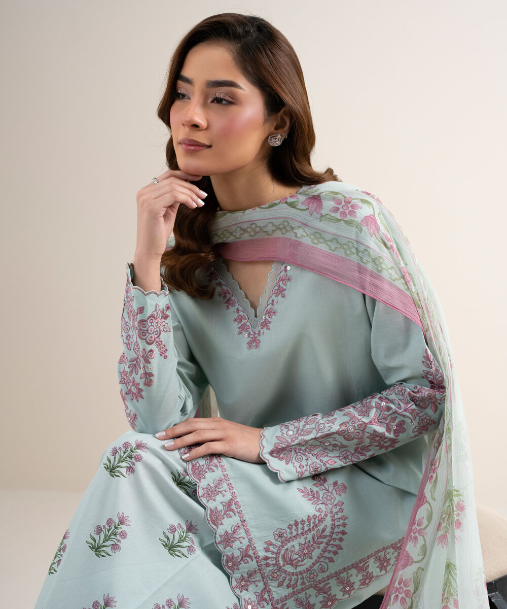 Women's Unstitched Textured Lawn Embroidered Blue 3 Piece Suit