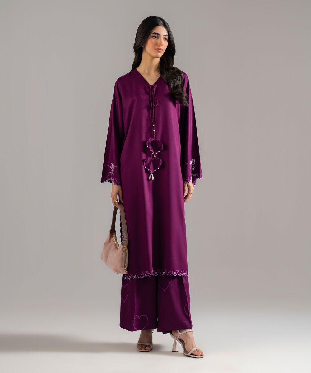 Women's RTW Bedford Solid Embroidered Purple Straight Shirt