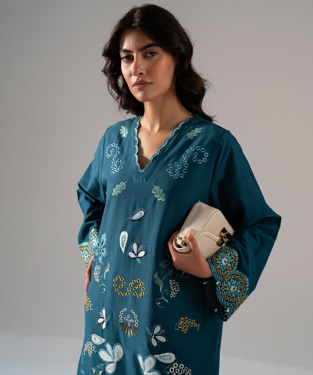 Women's RTW Solid Embroidered Teal Cotton Viscose Shirt