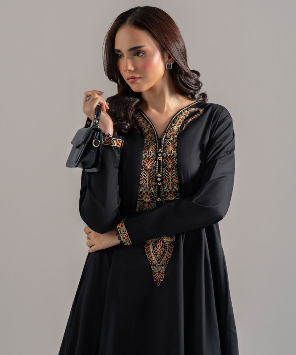Women's RTW Lawn Solid Embroidered Black Flared A-Line