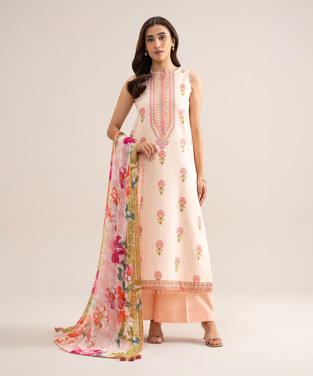 Women's Unstitched Arabic Lawn Embroidered Light Peach & White  3 Piece Suit