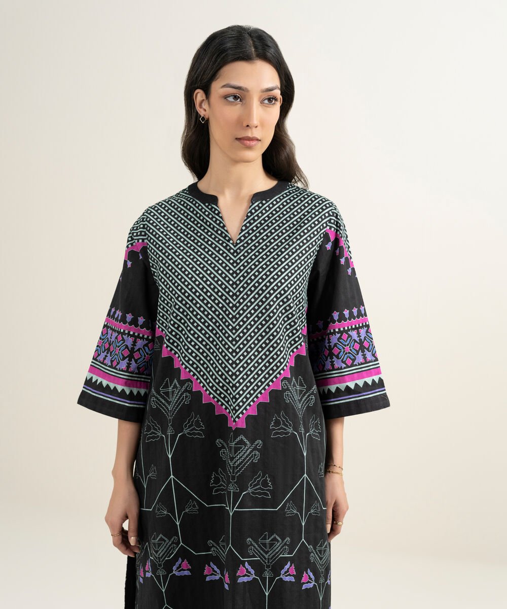 Women's RTW Textured Cotton Printed Black A-Line Shirt