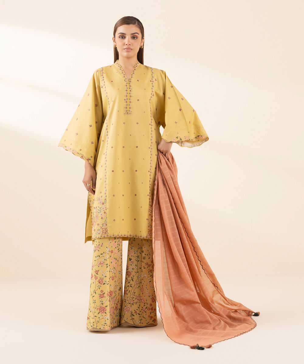 Women's Unstitched Lawn Embroidered Yellow 3 Piece Suit