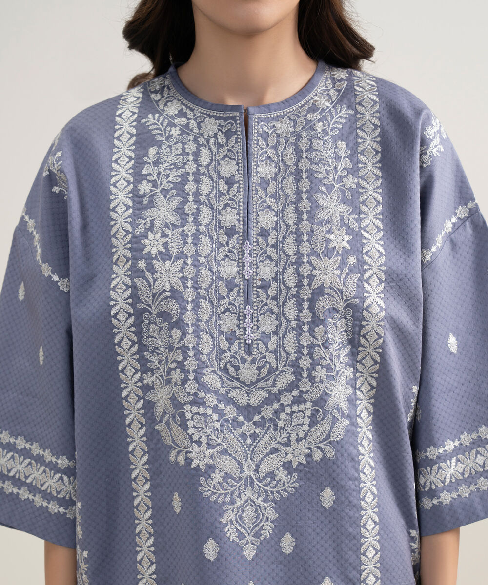 Women's Unstitched Dobby Embroidered Purple 3 Piece Suit