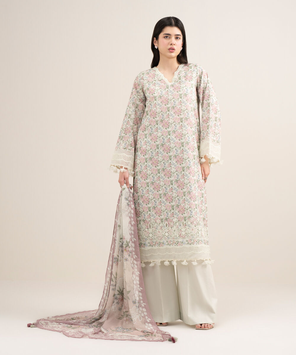 Women's Unstitched Lawn Embroidered Off White 3 Piece Suit