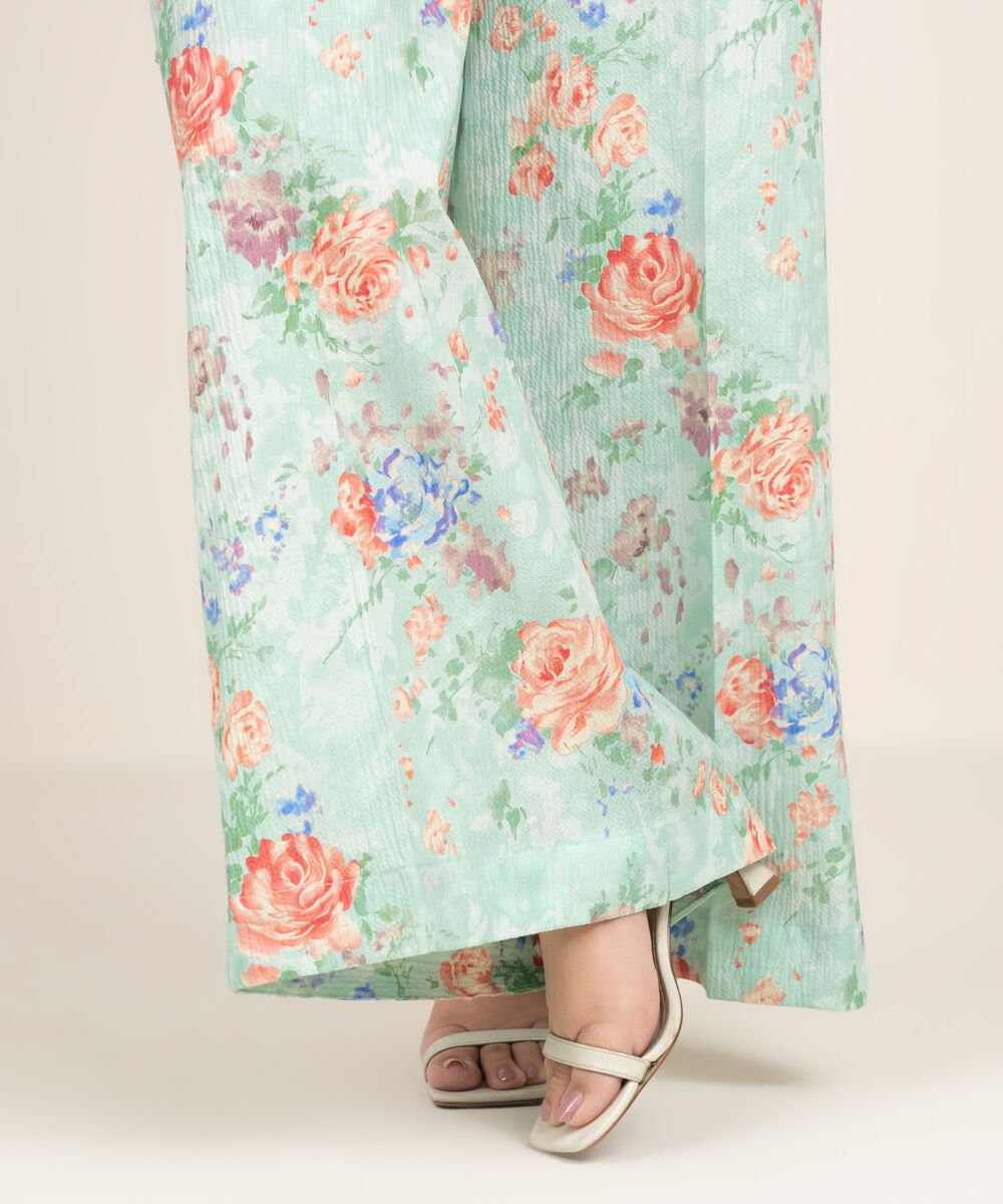 Women's RTW Seersucker Printed Turquoise Flared Pants