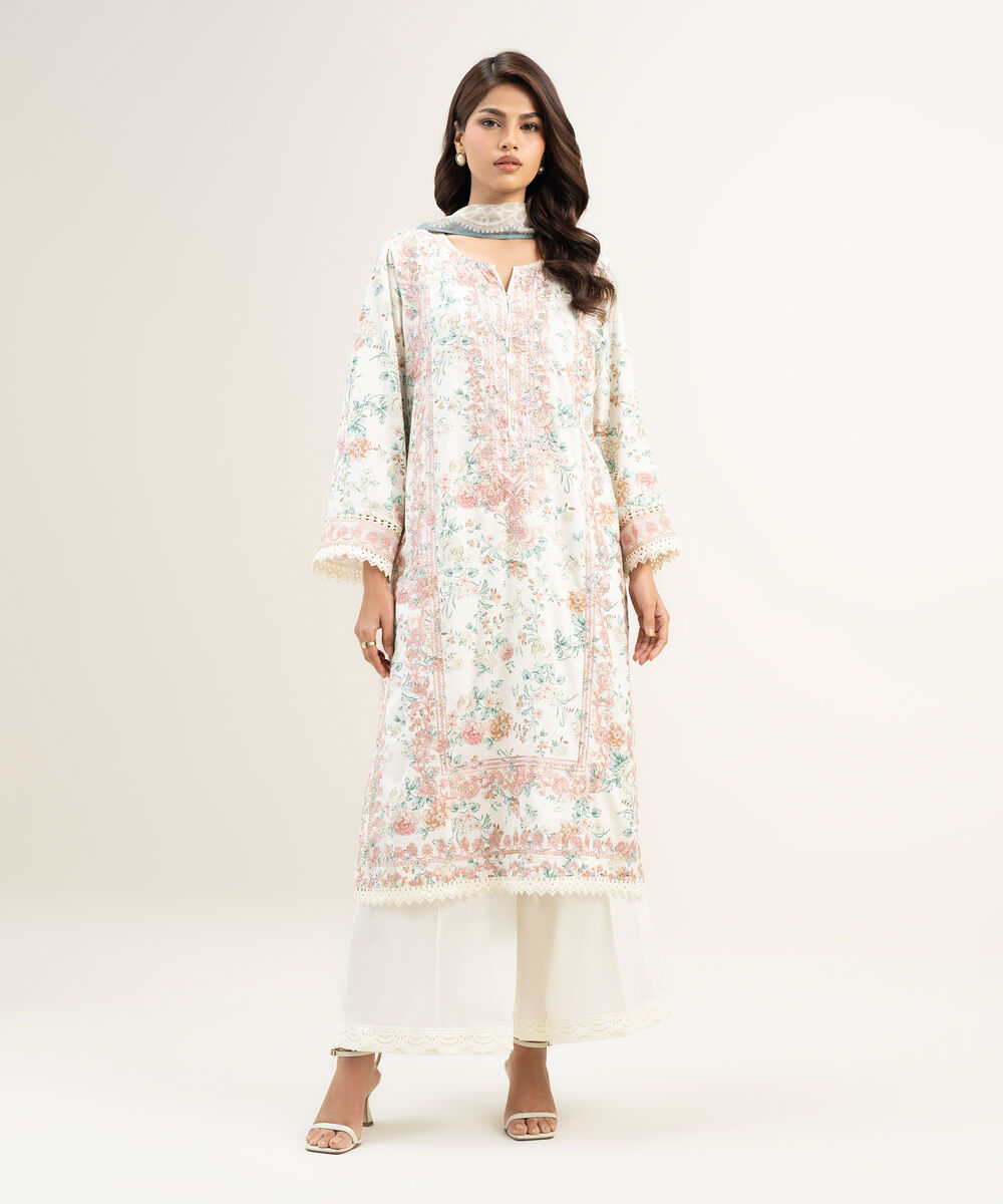 Women's RTW Lawn Embroidered White 3 Piece Suit