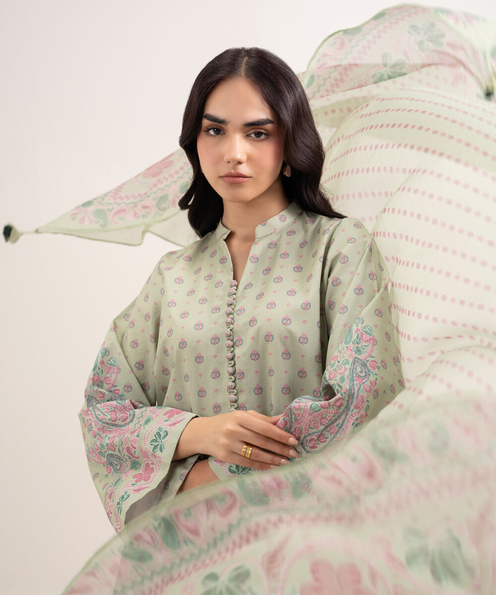 Women's Unstitched Lawn Printed Green 3 Piece Suit