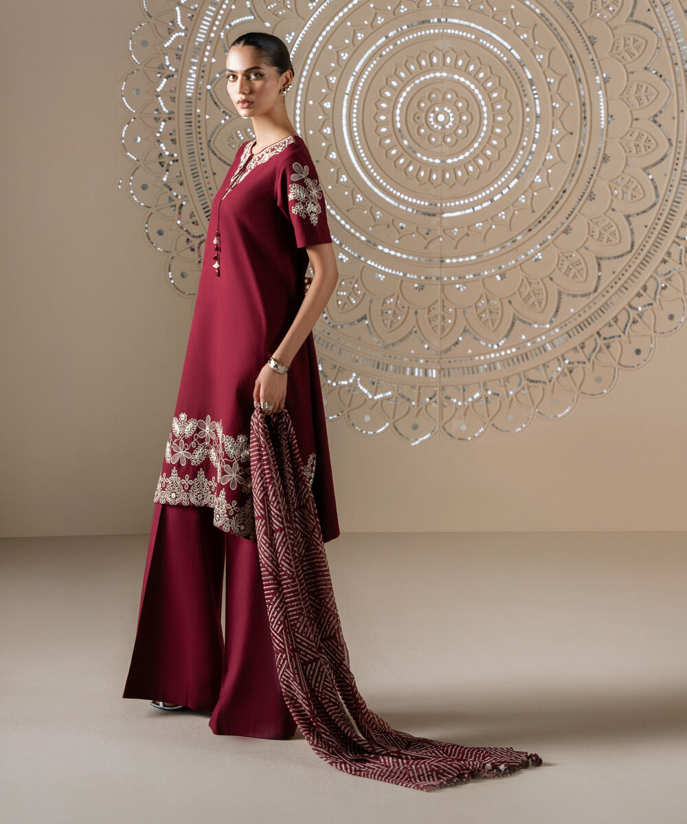 Women's Unstitched Dobby Embroidered Red 3 Piece Suit