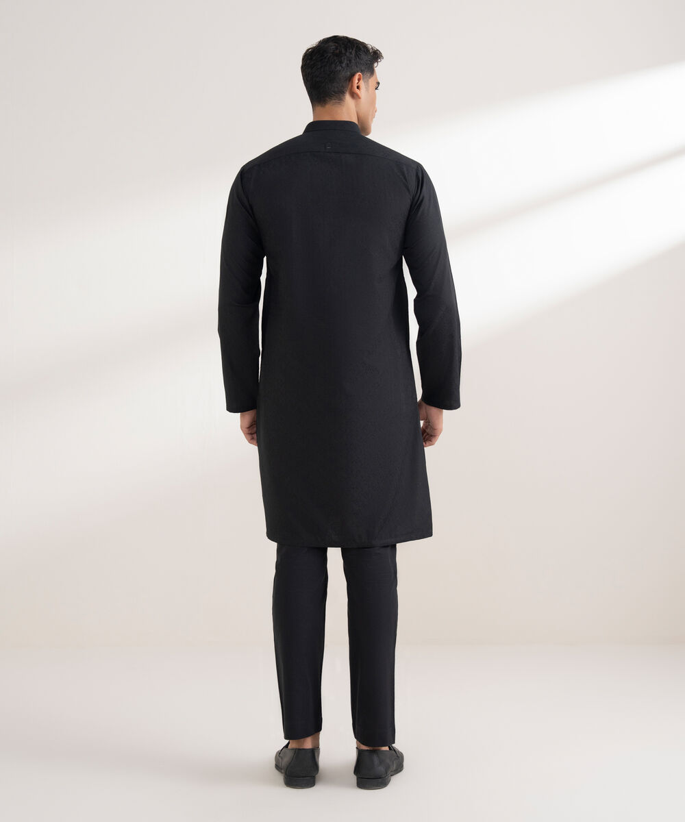 Men's Stitched Jacquard Black Kurta
