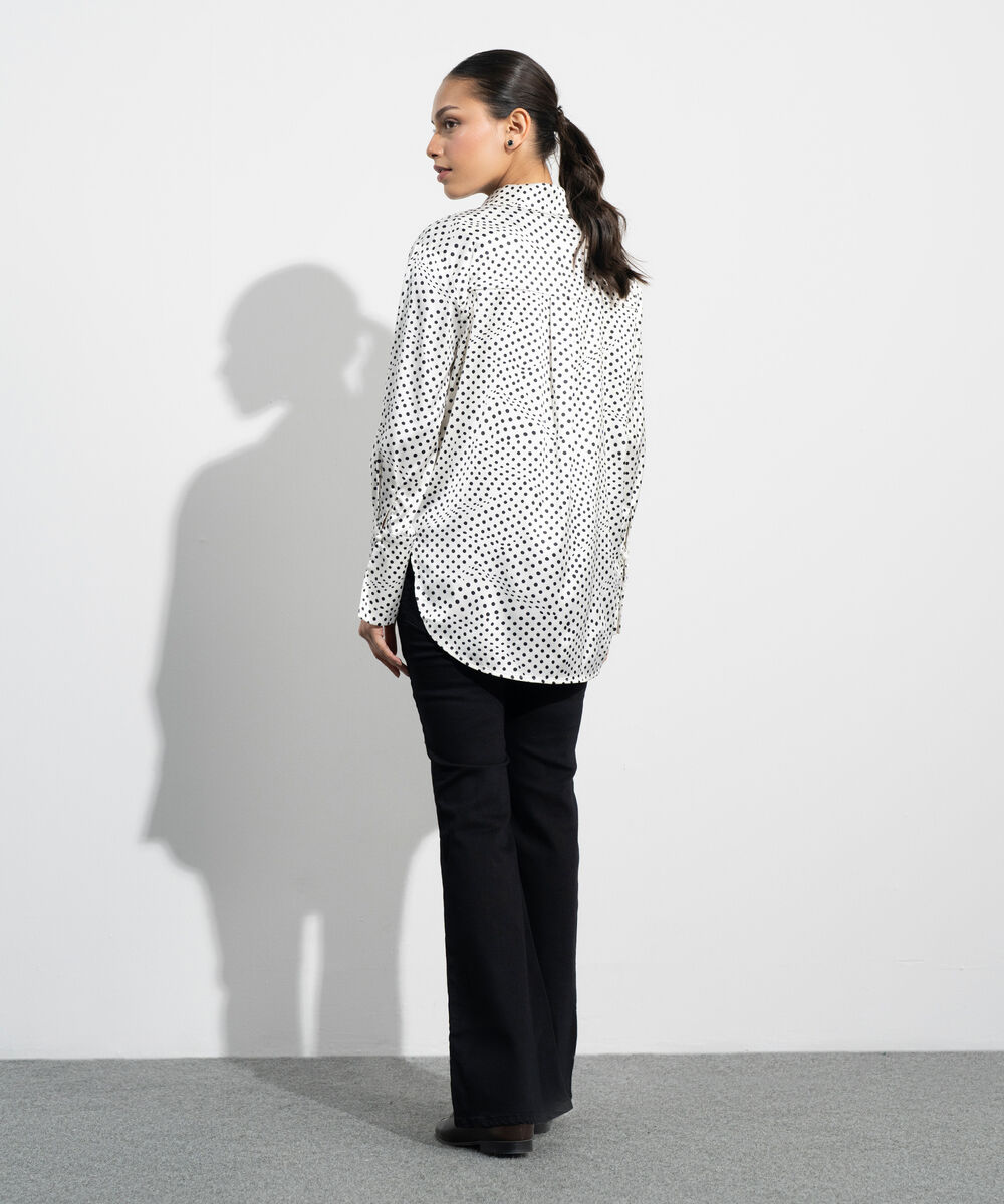 Women's Western Cream And Black Polka Dot Satin Shirt