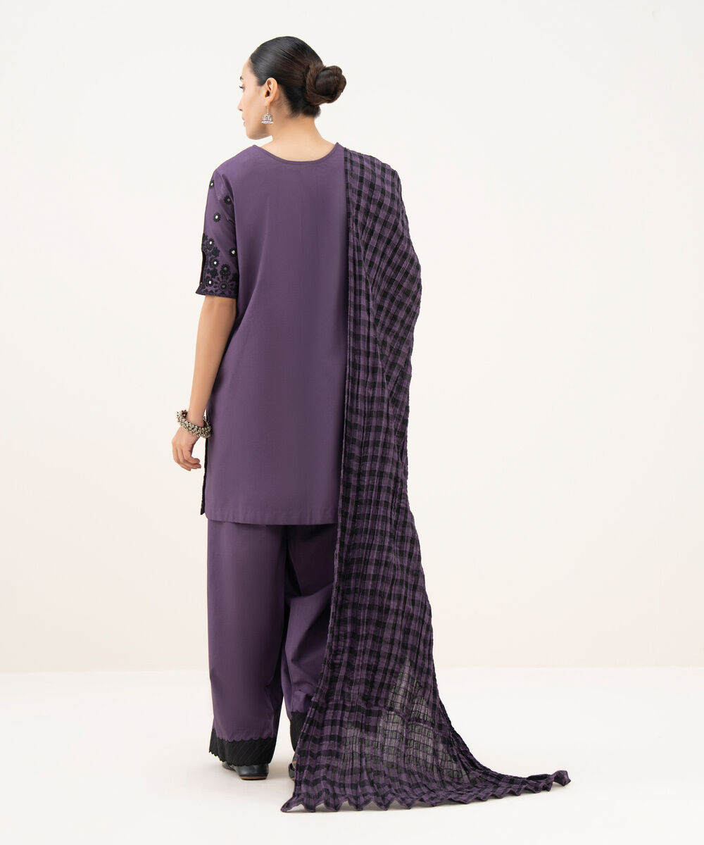 Women's Unstitched Cotton Embroidered Purple 3 Piece Suit