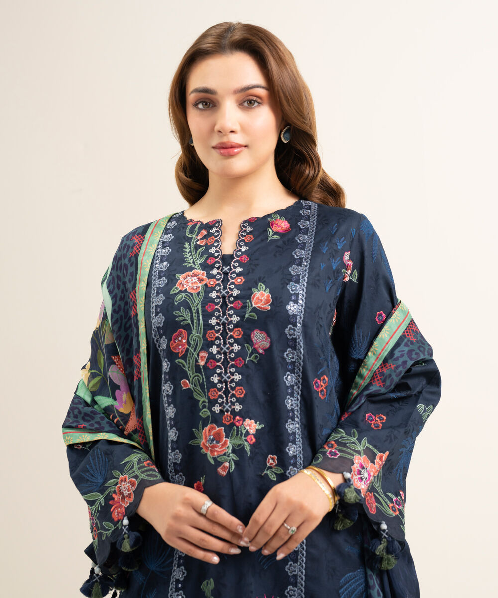 Women's Unstitched Cotton Jacquard Embroidered Blue 3 Piece Suit