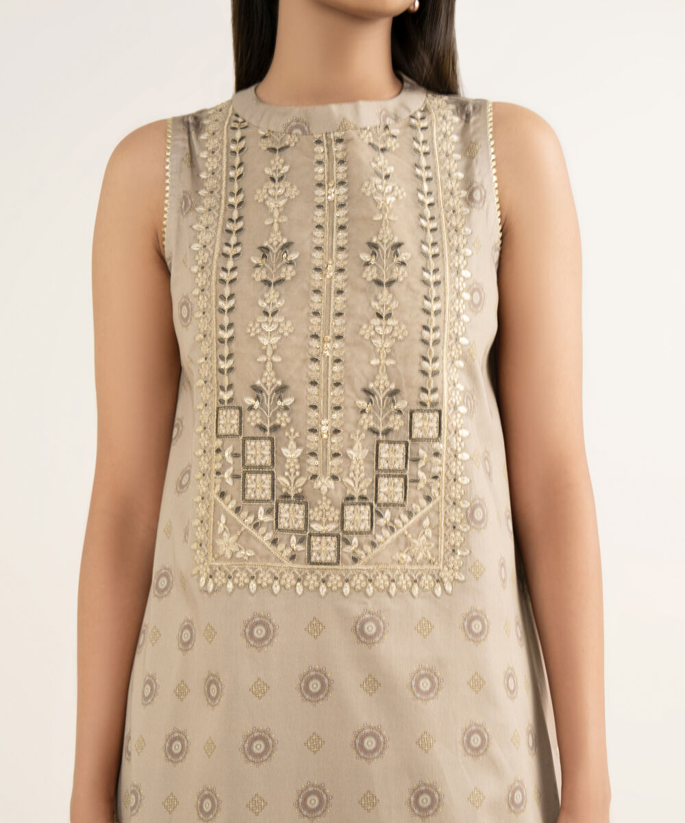 Women's Unstitched Fine Cotton Satin Embroidered Beige  3 Piece Suit