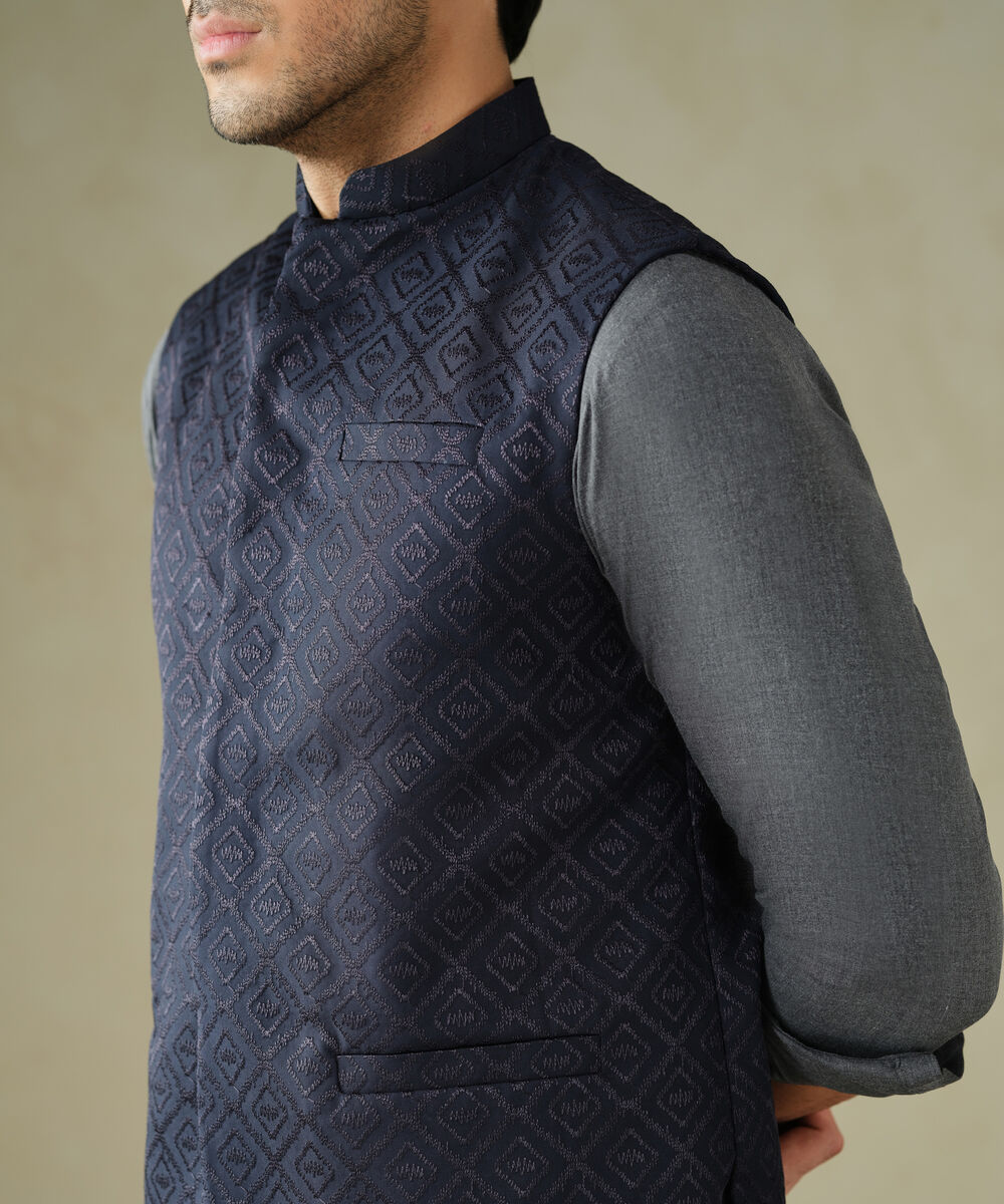 Men's Textured Wash & Wear Embroidered Blue Waist Coat