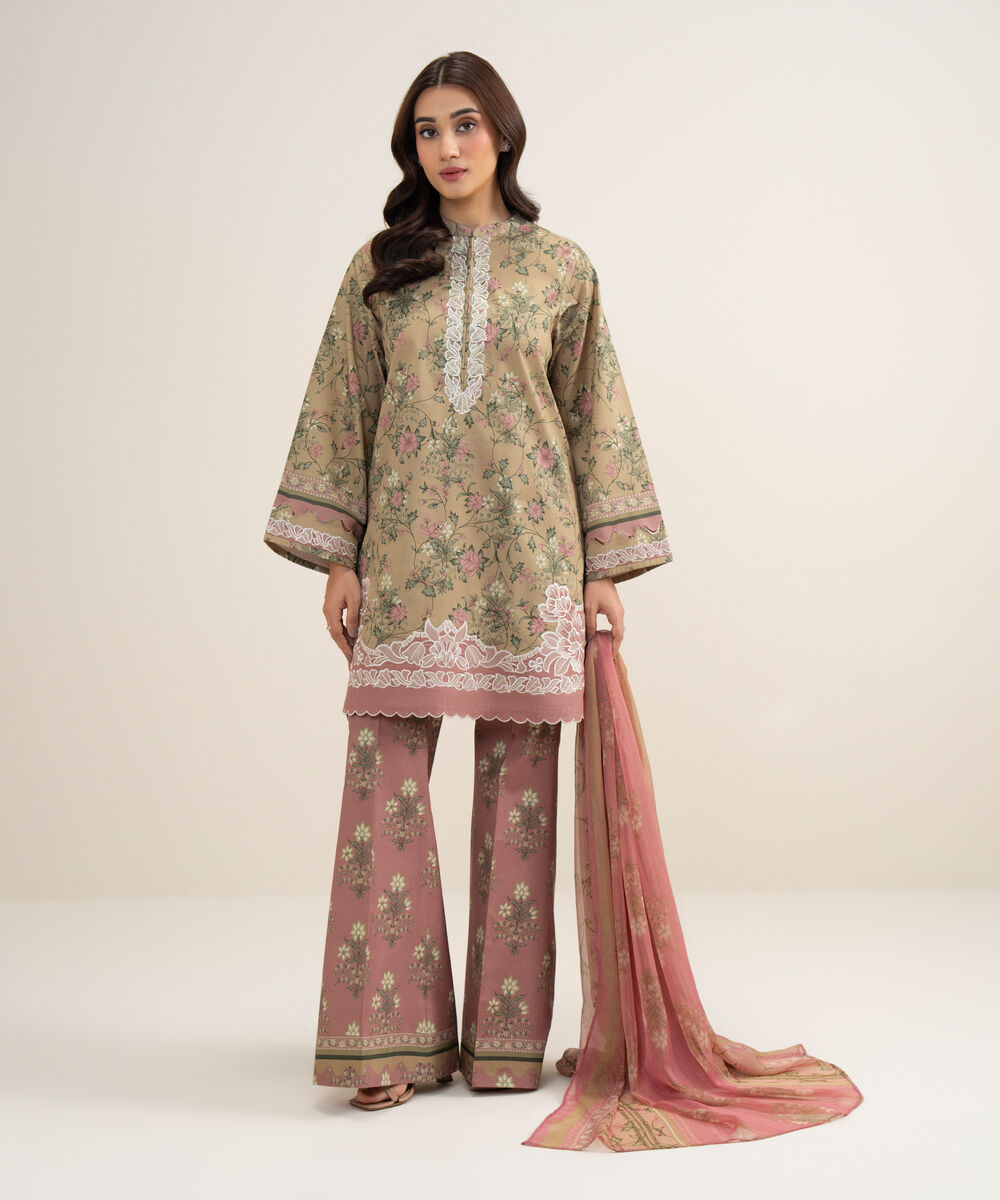 Women's Unstitched Lawn Embroidered Brown 3 Piece Suit
