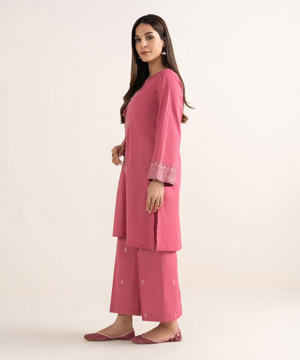 Women's RTW Textured Cotton Pink Embroidered A-Line Shirt