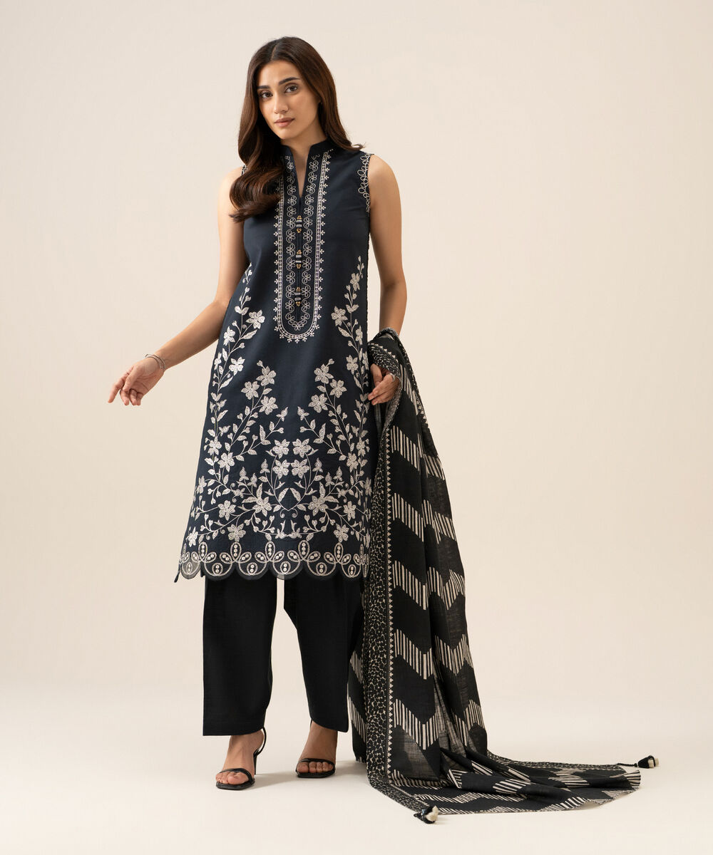 Women's Unstitched Lawn Embroidered Black 3 Piece Suit