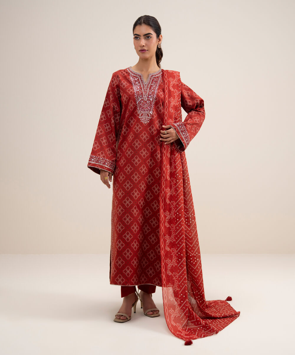 Women's Unstitched Lawn Embroidered Red 3 Piece Suit