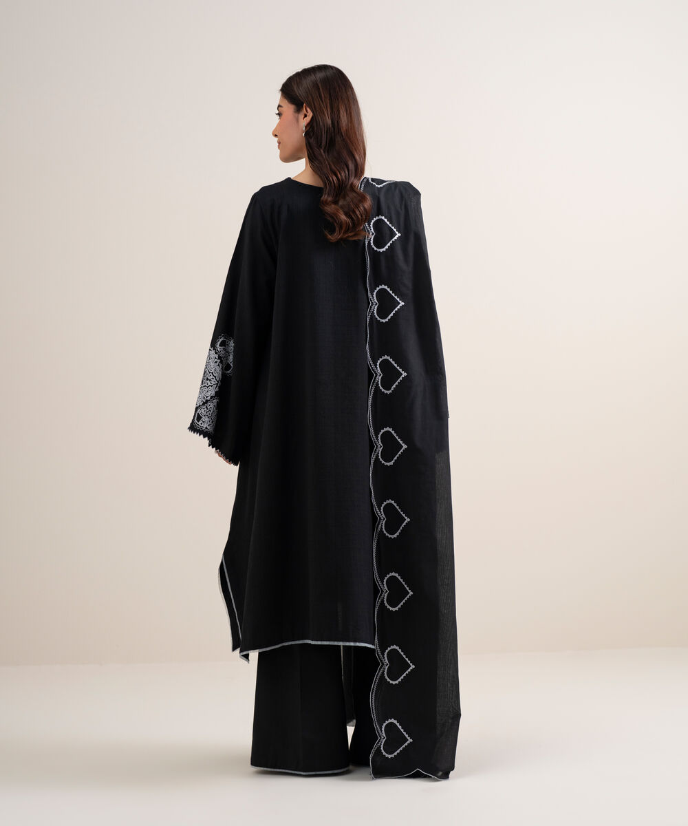 Women's Unstitched Dobby Embroidered Black 3 Piece Suit