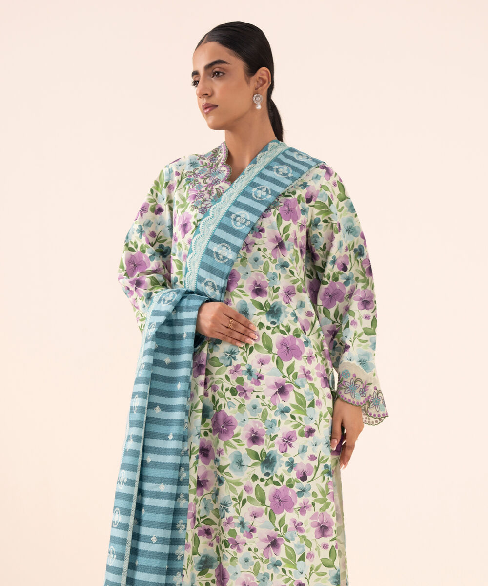 Women's Unstitched Cotton Embroidered Multi 3 Piece Suit