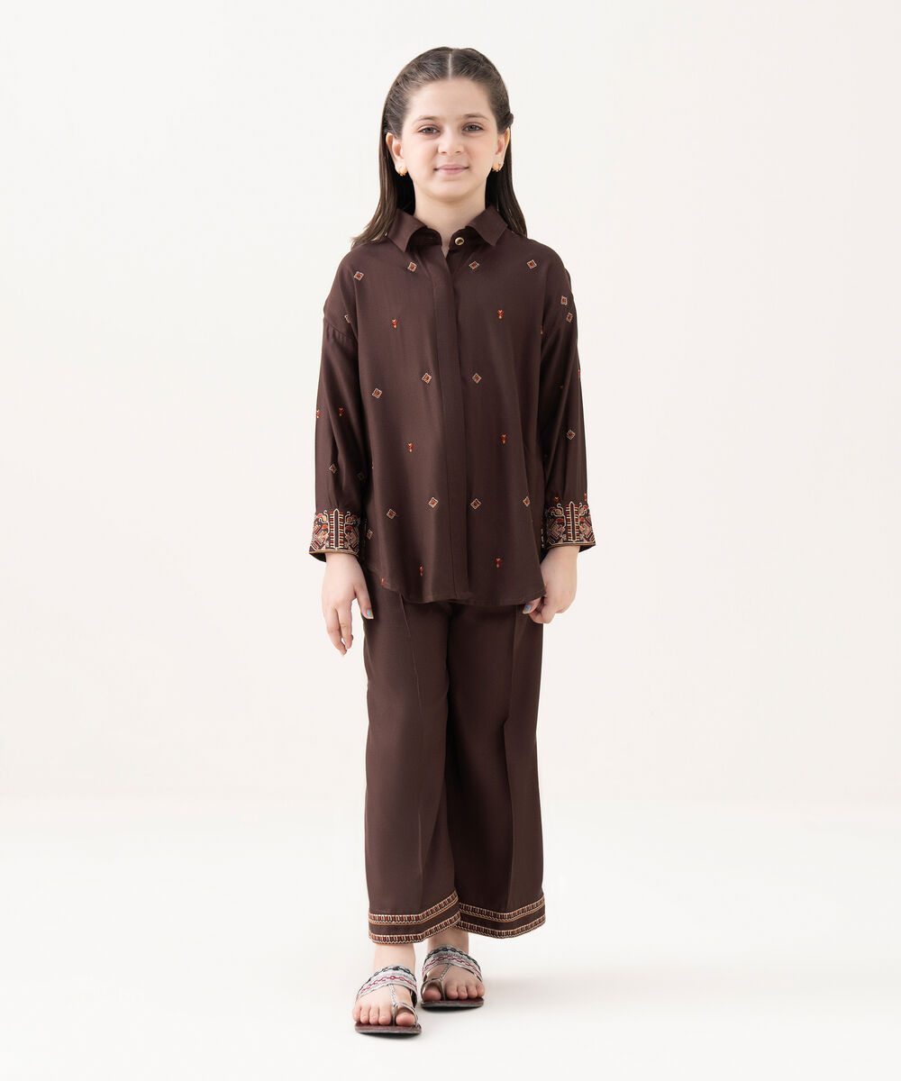 Girl's Bedford  Embroidered Brown 2 Piece Suit