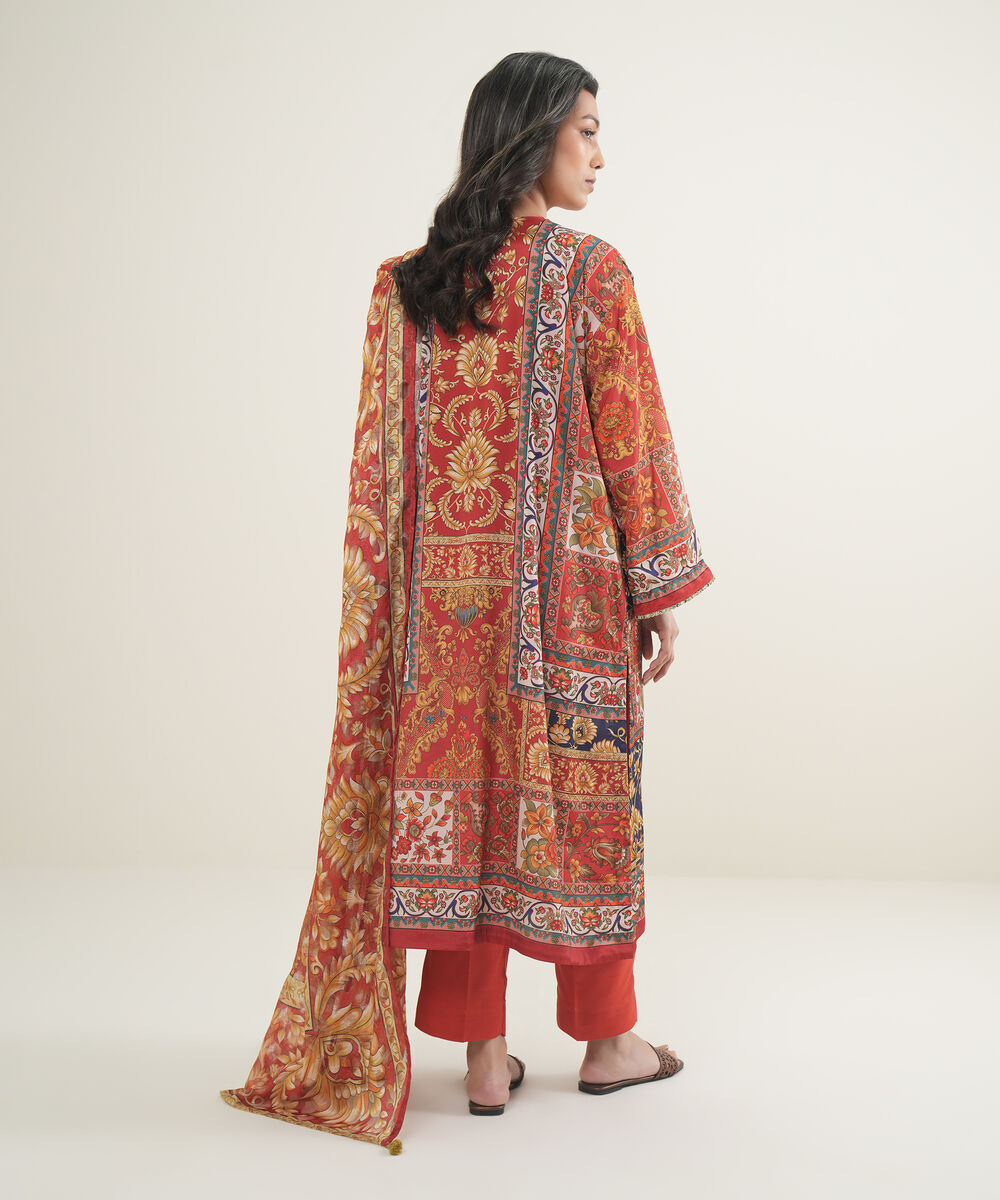 Women's RTW Blended Grip Silk Printed Dark Orange 3 Piece Suit